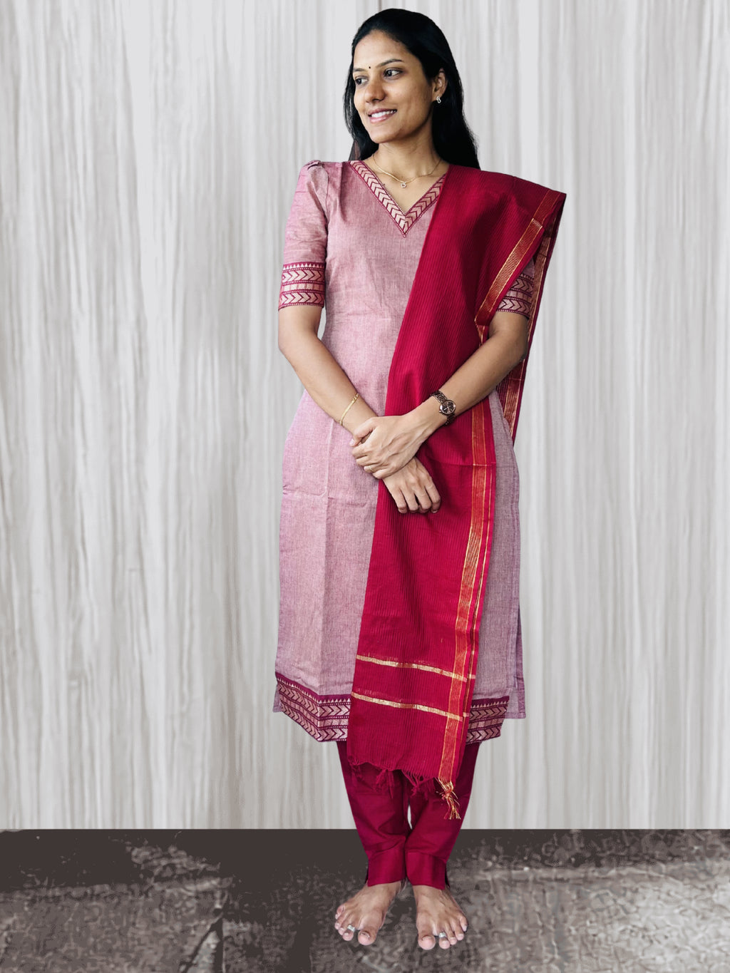 MGL013 - Maroon and onion pink mangalagiri salwar set