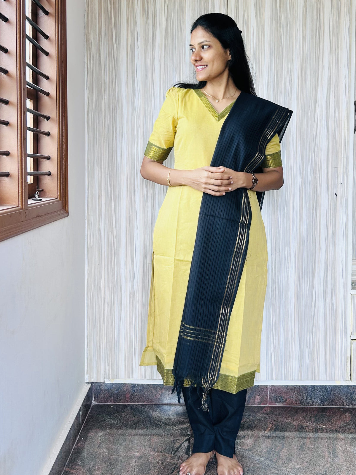 MGL012 - Sandal yellow and black mangalagiri salwar set